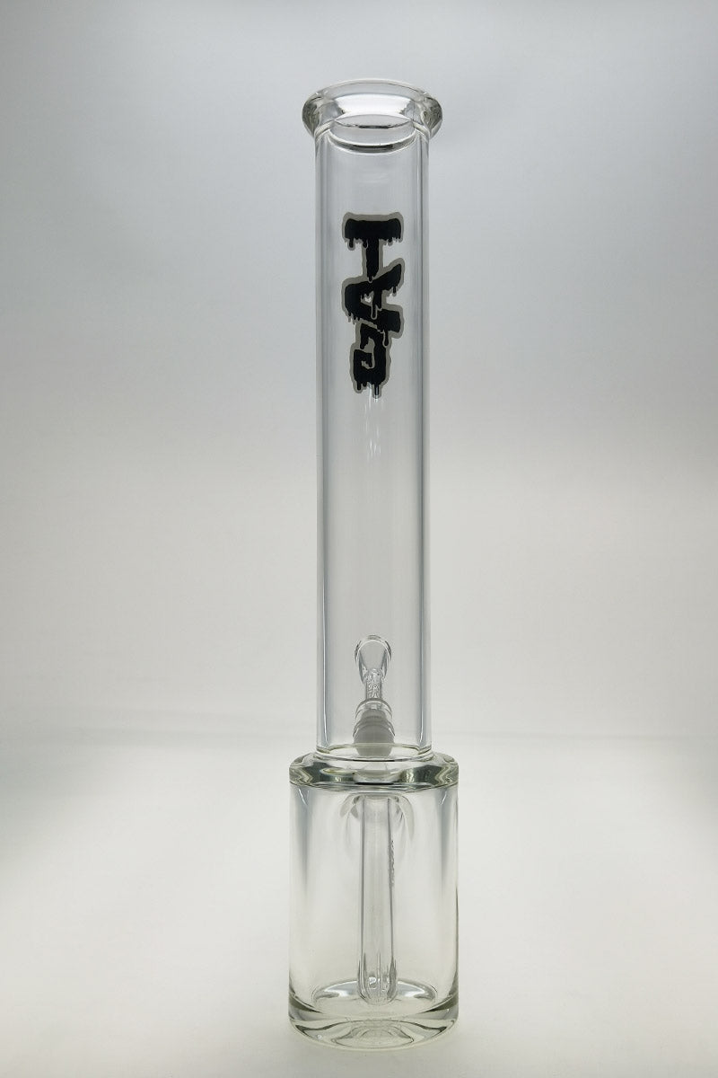 TAG 14" Beaker Bong with 18/14MM Downstem, clear glass, black logo, front view on white background