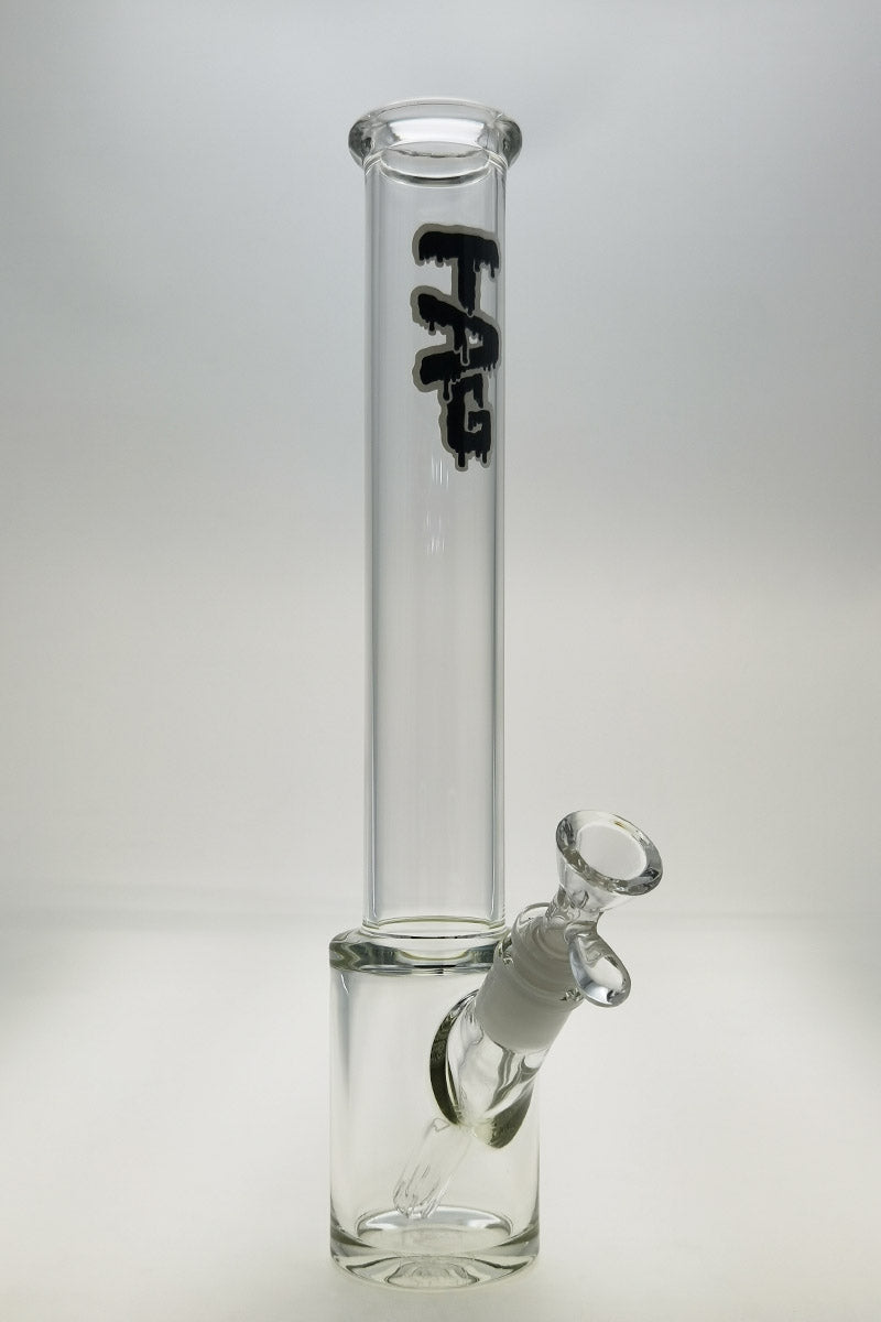 TAG 14" Beaker Bong with Clear Glass and Black Logo, 45 Degree Joint, Front View on White Background