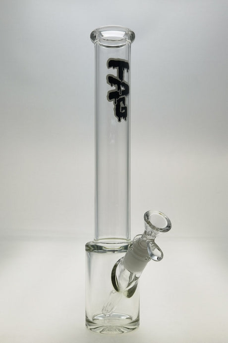 TAG 14" Beaker Bong with Clear Glass and Black Logo, 45 Degree Joint, Front View on White Background