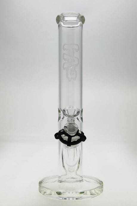 TAG 14" Straight Tube Bong, 50x5MM clear glass, 18/14MM downstem, front view on white