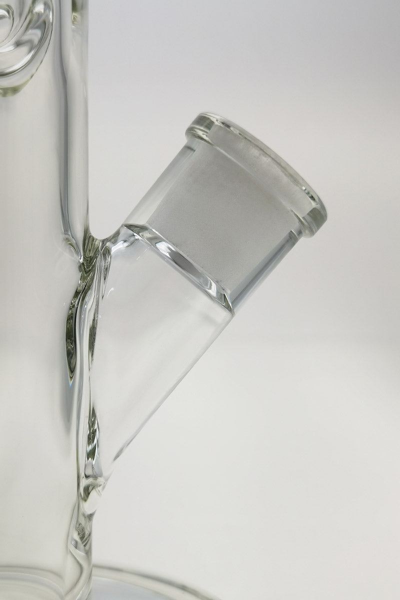Close-up of TAG 14" Straight Tube Bong's 18/14MM Downstem, clear glass, 50x7MM thickness