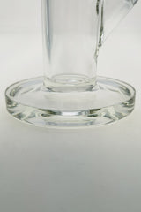 Close-up of TAG 14" Straight Tube Bong base, 7mm thick glass, clear design, for dry herbs