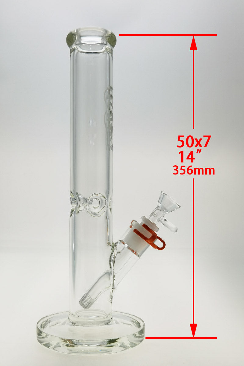 TAG 14" Clear Straight Tube Bong 50x7MM with 18/14MM Downstem, Front View on White Background