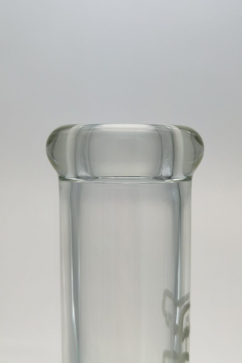 Close-up of TAG 14" Straight Tube Bong top, 50x7MM clear glass, 18/14MM Downstem