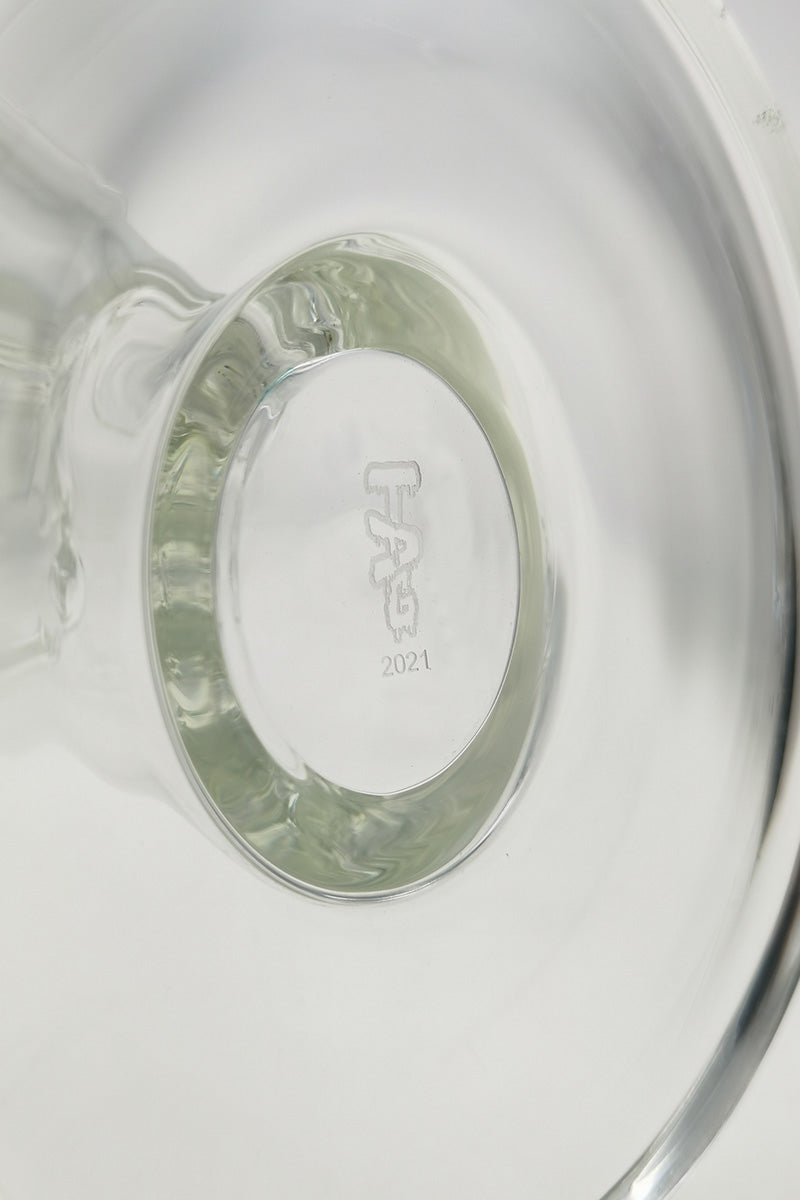 Close-up of TAG 14" Straight Tube Bong with Double UFO Downstem, showcasing the brand etching.