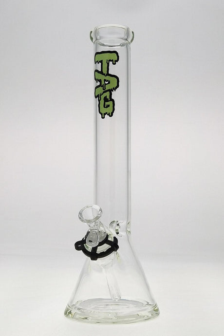 TAG 15" Beaker Bong with Wavy Lime Green Label, 50x5MM thick glass, front view on white background