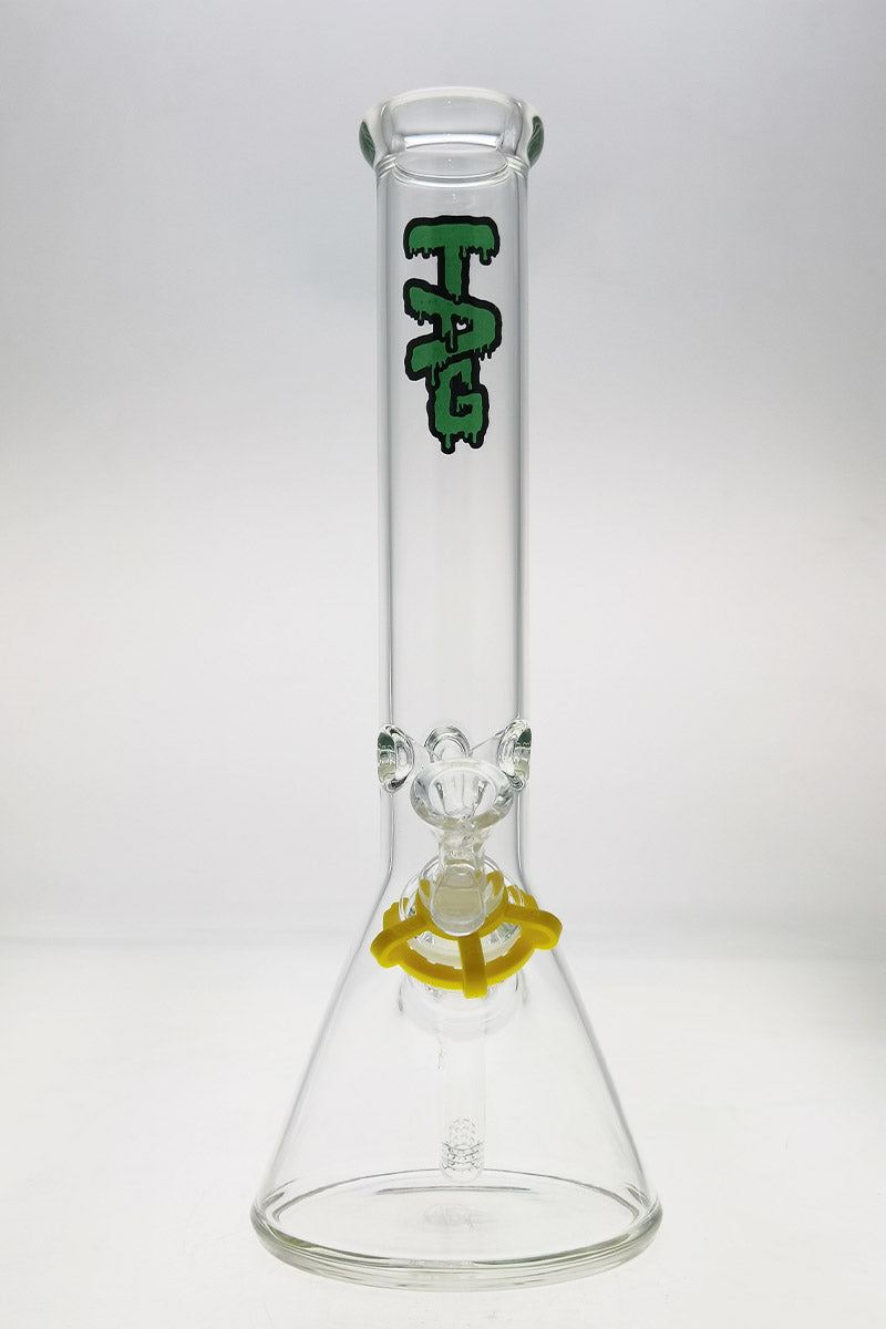 TAG 15" Beaker Bong in Tie Dye, 50x5MM with 18/14MM Downstem, Front View on White Background