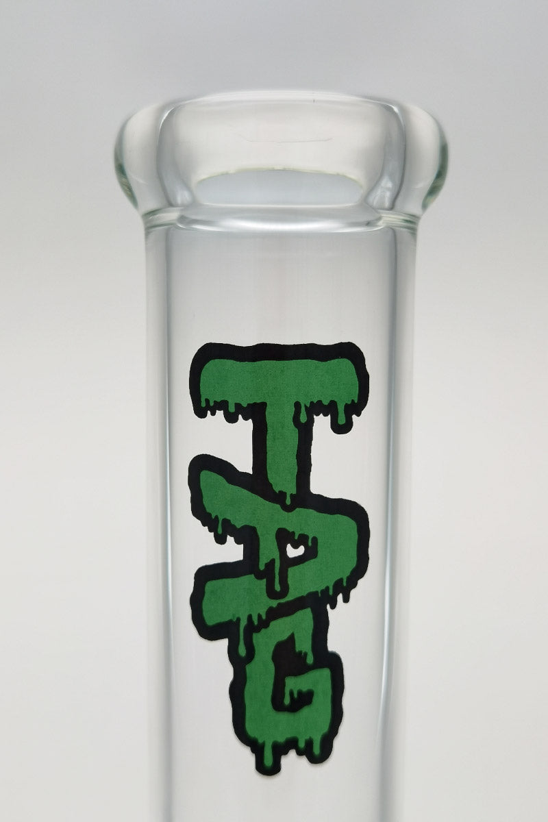 TAG 15" Beaker 50x5MM Close-Up with Tie Dye Logo on Borosilicate Glass