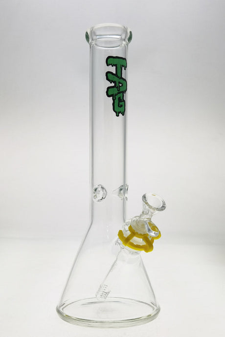 TAG 15" Beaker Bong 50x5MM with Wavy Green Label and 18/14MM Downstem, Front View on White Background
