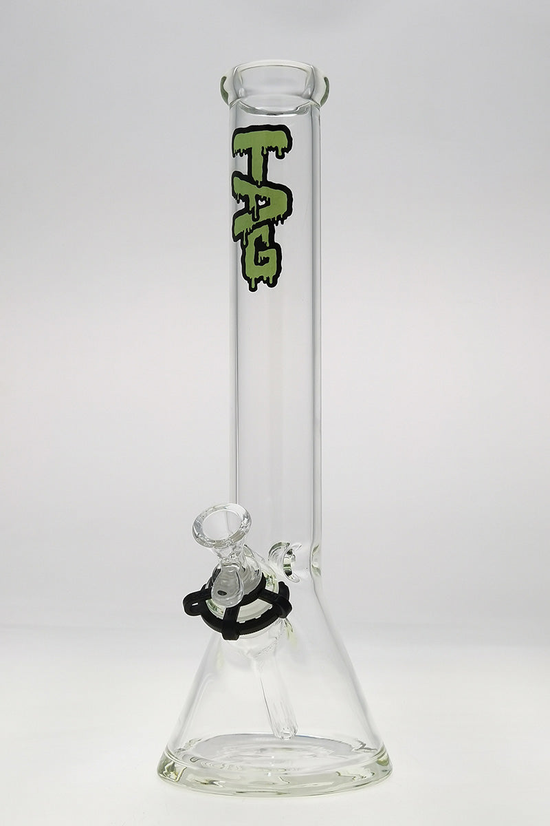TAG 16" Beaker Bong 50x5MM with 18/14MM Downstem, Front View on White Background