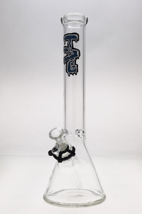 TAG 16" Beaker Bong in Clear with Blue Slyme Label, 50x5MM Thick Borosilicate Glass, Front View