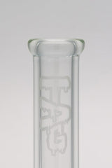 Close-up of TAG 16" Beaker Bong with 18/14MM Downstem in 9MM thick glass, featuring logo