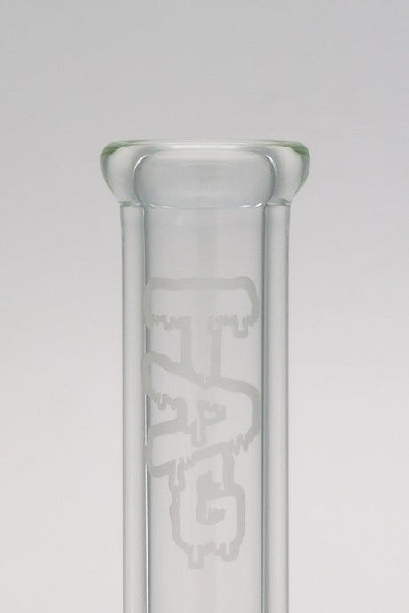 Close-up of TAG 16" Beaker Bong with 18/14MM Downstem in 9MM thick glass, featuring logo