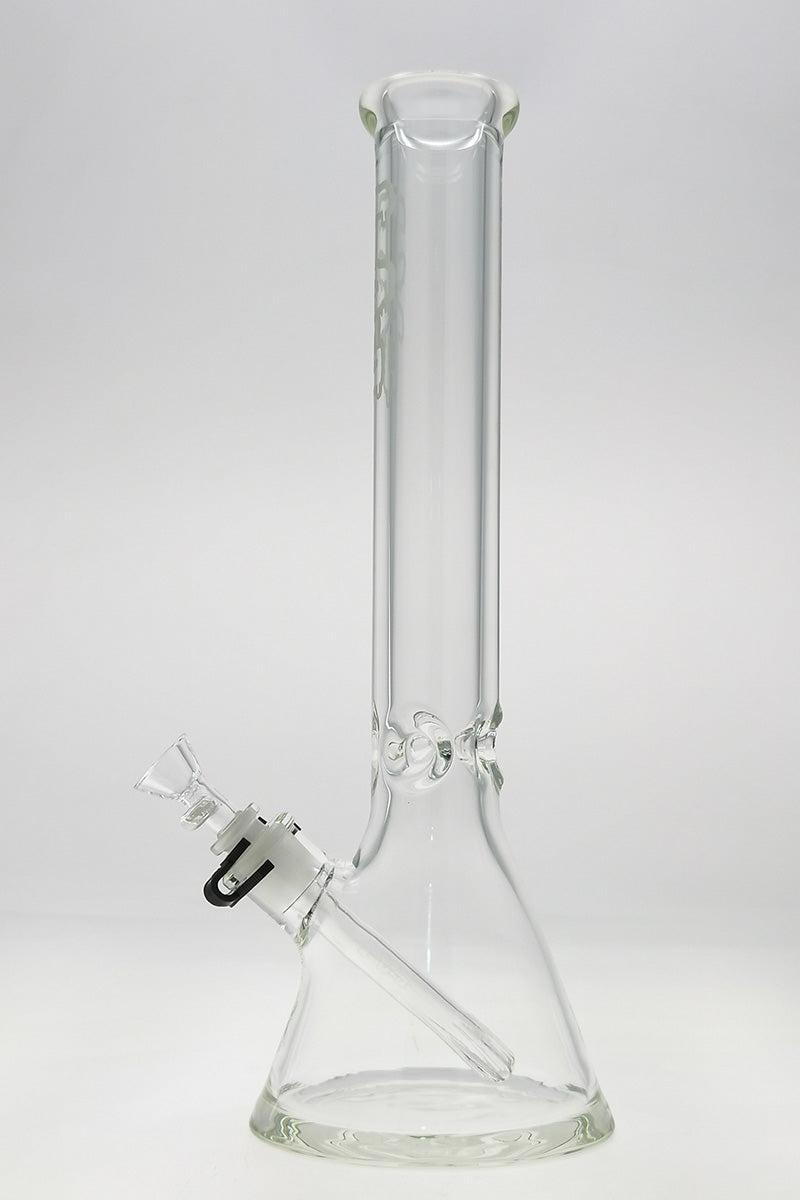 TAG 16" Beaker Bong 50x9MM with 18/14MM Downstem, clear quartz glass, front view on white background