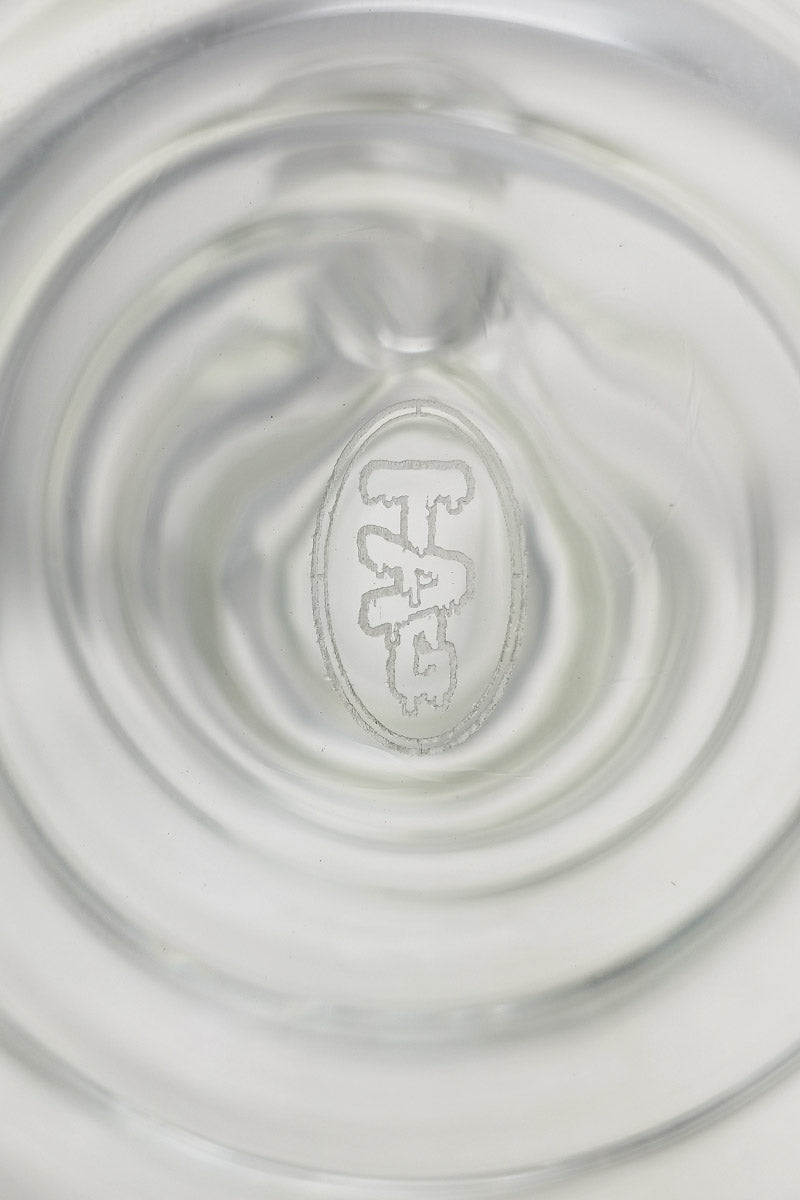 Close-up view of TAG Beaker Bong logo on 7mm thick quartz glass, 18/14MM downstem