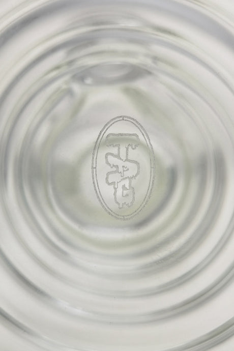 Close-up view of TAG 16" Beaker Bamboo bong base with 7mm thickness and branded downstem
