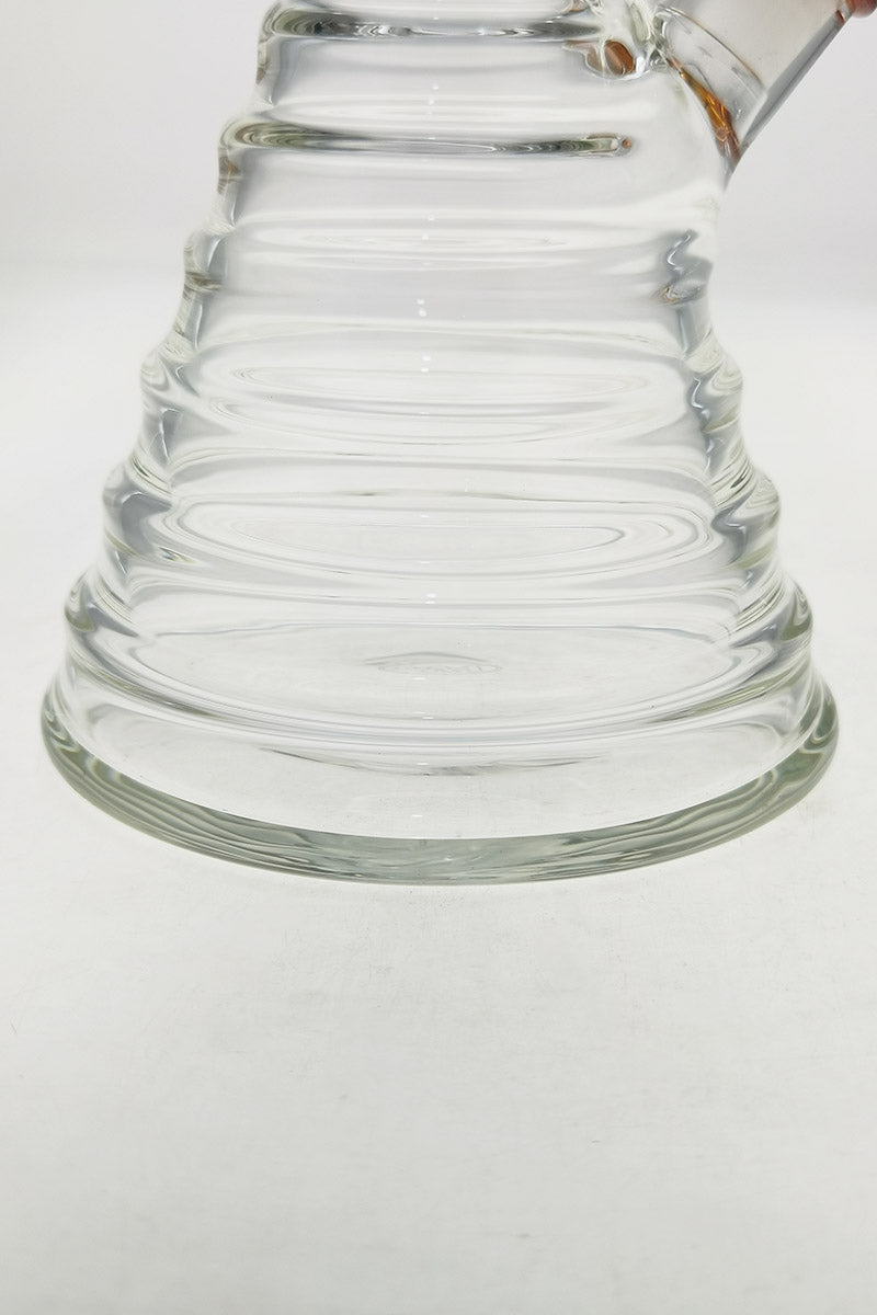 Close-up of TAG 16" Beaker Bamboo Bong base, 50x7MM thick quartz glass, clear design