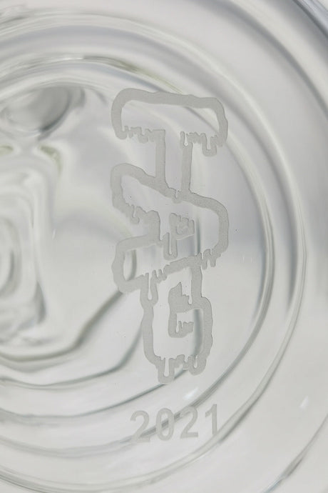 Close-up of TAG logo on 16" Beaker Bamboo Bong with thick 7mm glass, 18/14MM Downstem