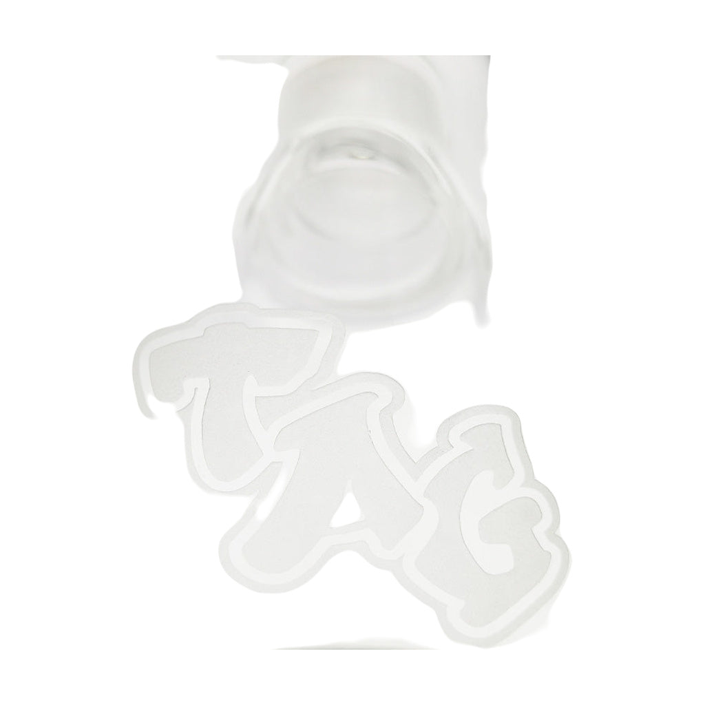 Close-up of TAG logo on 16" Beaker Bong with Helical Rod, 50x7MM thick glass, clear design