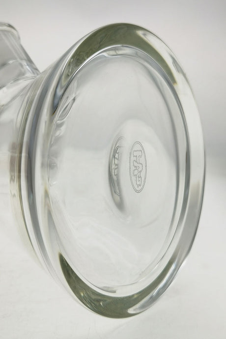 Close-up of TAG 16" Beaker ZONG bottom with Thick Ass Glass logo, high-quality 7mm glass