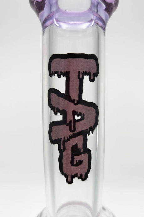 Close-up of TAG 16" Bent Neck Bong with Double Honeycomb, 18MM Female Joint, and Purple Accents