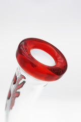 Close-up of TAG 16" Bent Neck Bong's red mouthpiece with clear body and logo
