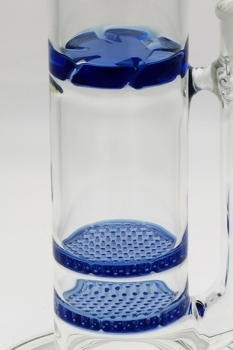 TAG 16" Bent Neck Bong with Double Blue Honeycomb Percolators and Spinning Splash Guard