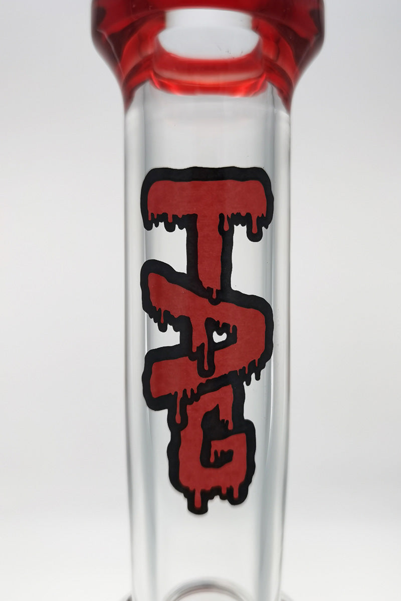 Close-up of TAG logo on 16" Bent Neck Double Honeycomb Bong with Red Accents