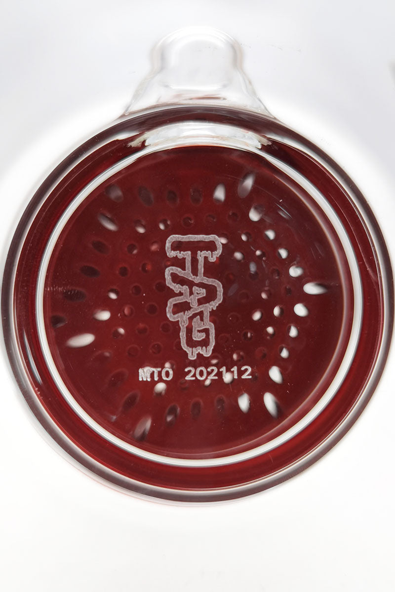 Close-up view of TAG 16" Bong's double honeycomb percolator with logo detail