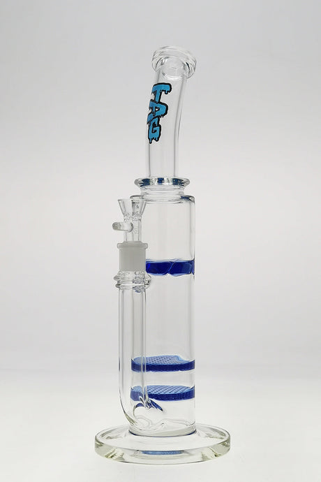 TAG 16" Bent Neck Bong with Double Honeycomb, Spinning Splash Guard, Blue Accents, Front View