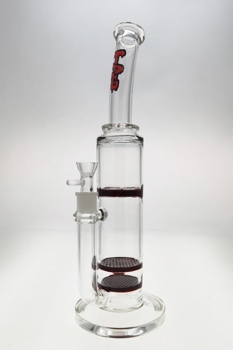 TAG 16" Bent Neck Bong with Double Honeycomb Percolator and Spinning Splash Guard, Red Accents
