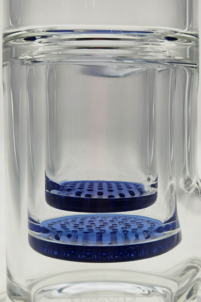 Close-up of TAG 16" bong with double blue honeycomb percolators and thick glass