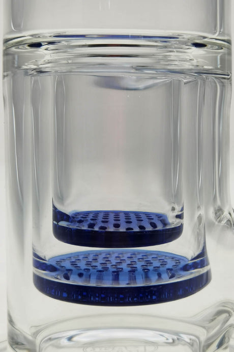Close-up of TAG 16" bong with double blue honeycomb percolators and thick glass