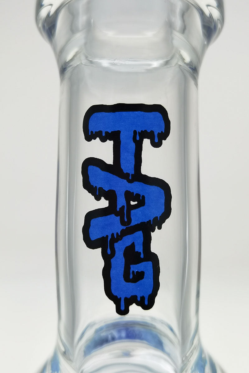 Close-up of TAG logo on 16" Bent Neck Double Honeycomb Bong with Clear Glass