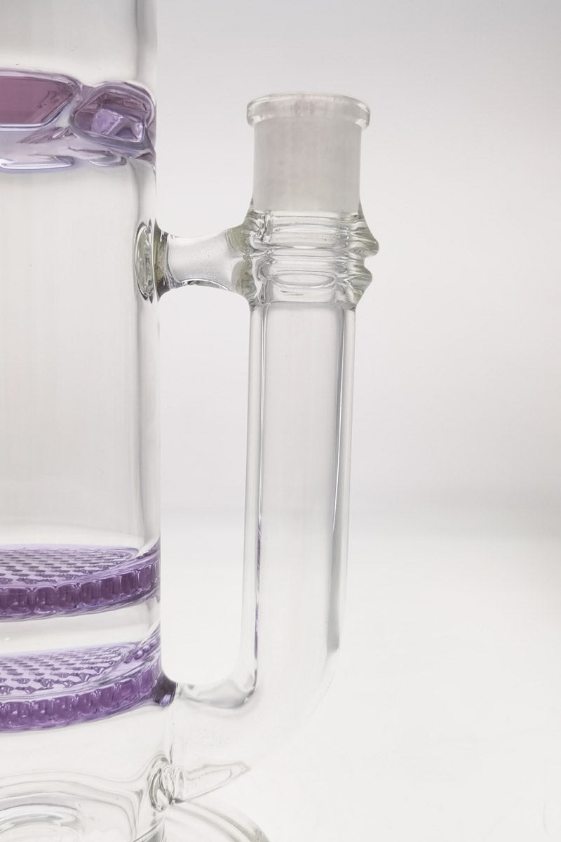 Close-up side view of TAG 16" bong with double honeycomb and splash guard, 18MM female joint