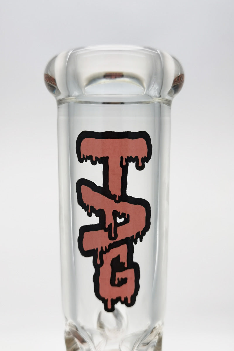 Close-up of TAG logo on 16" Double Honeycomb Bong with clear glass and sturdy base