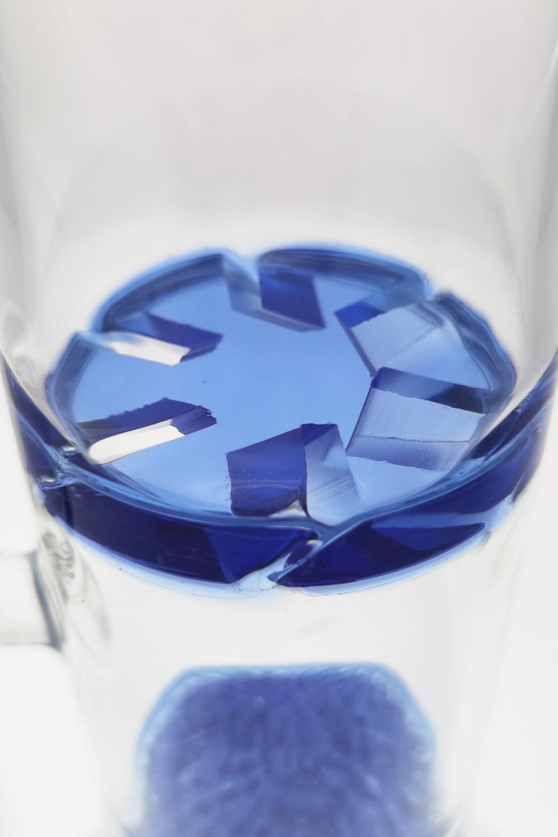 Close-up of TAG 16" Double Netted Disc Diffuser in Tie Dye Blue, 7mm Thick Glass, 18MM Female Joint