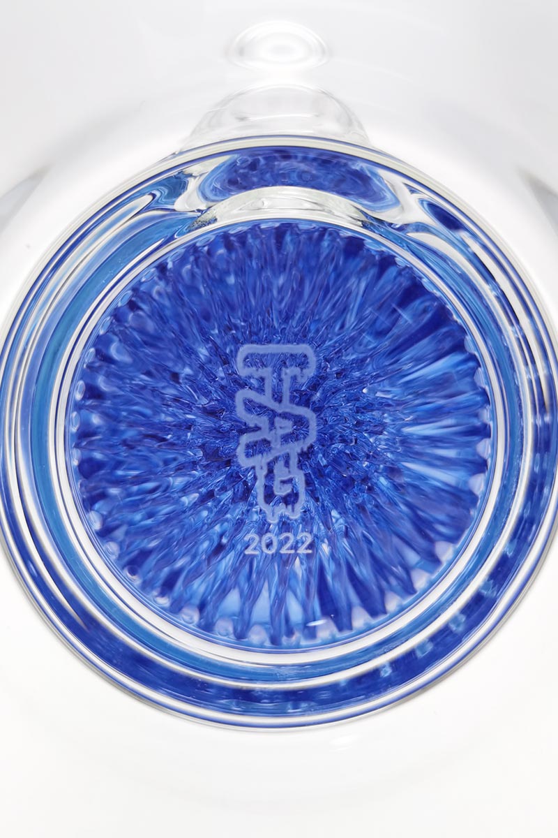 Close-up view of TAG 16" Double Disc Diffuser with blue tie-dye design and 2022 engraving