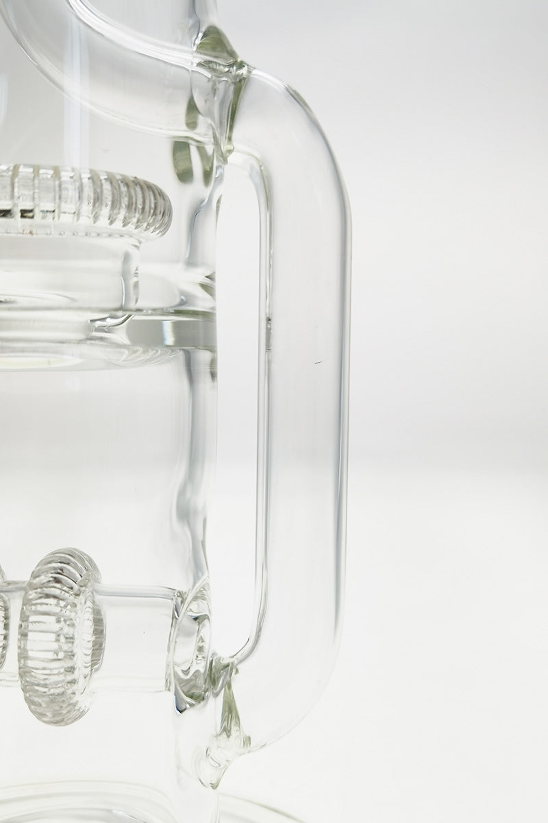 Close-up side view of TAG 16" Double UFO Inline to Showerhead Klein Recycler Bong, 18MM Female joint