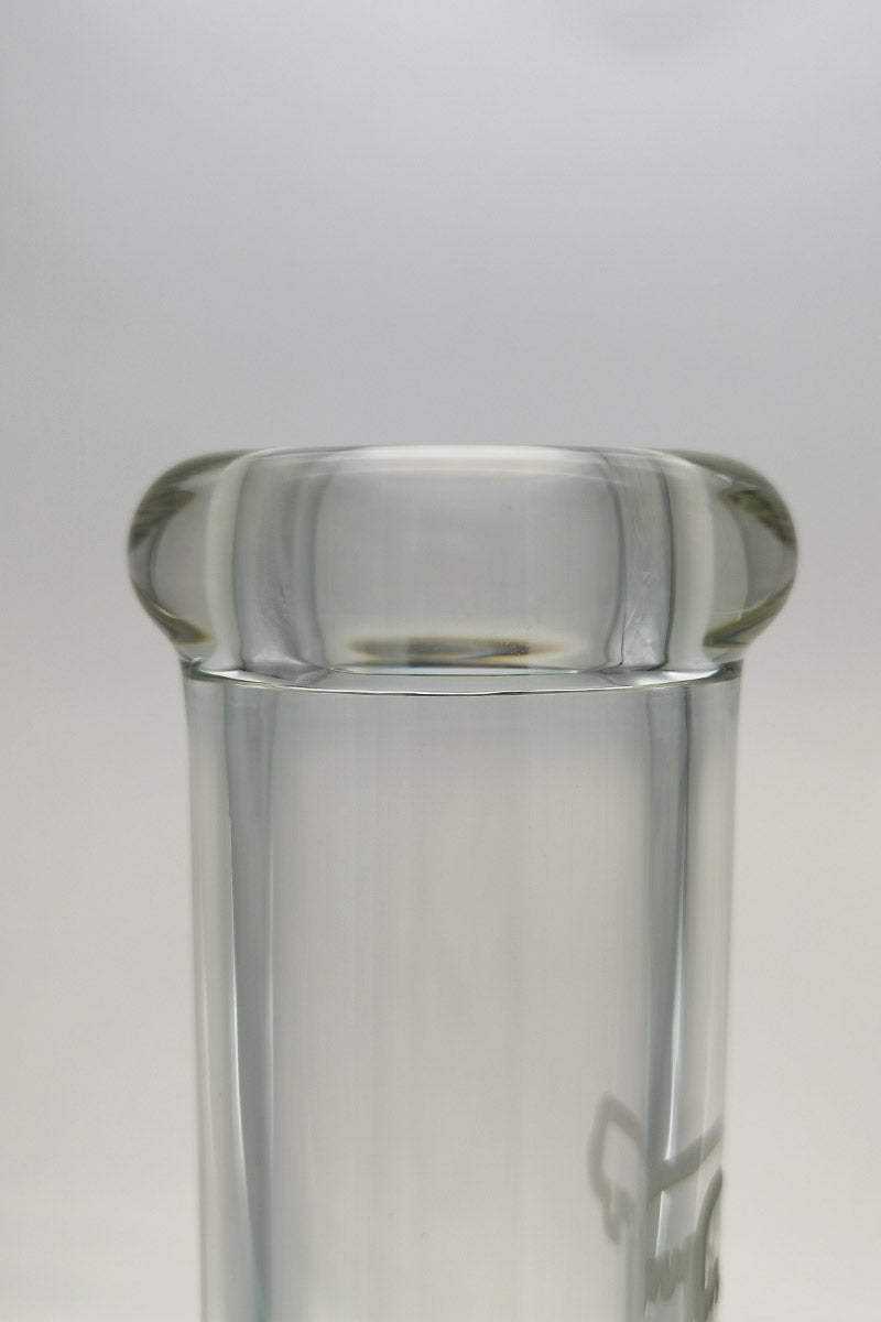Close-up of TAG 16" Straight Tube Bong top, 50x7MM thick glass, on white background