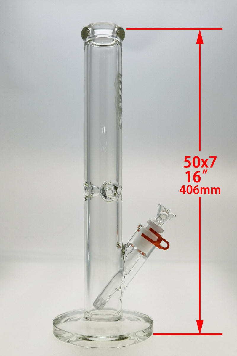 TAG 16" Straight Tube Bong, 50x7MM, with 18/14MM Downstem, Front View on White Background