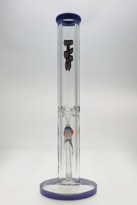 Thick Ass Glass 16" Clear Straight Tube Bong with Purple Accents, Front View on White Background