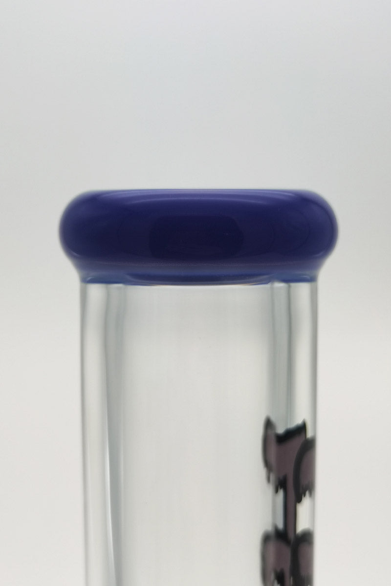 Close-up of TAG 16" Straight Tube Bong with 9mm thick quartz and blue rim detail