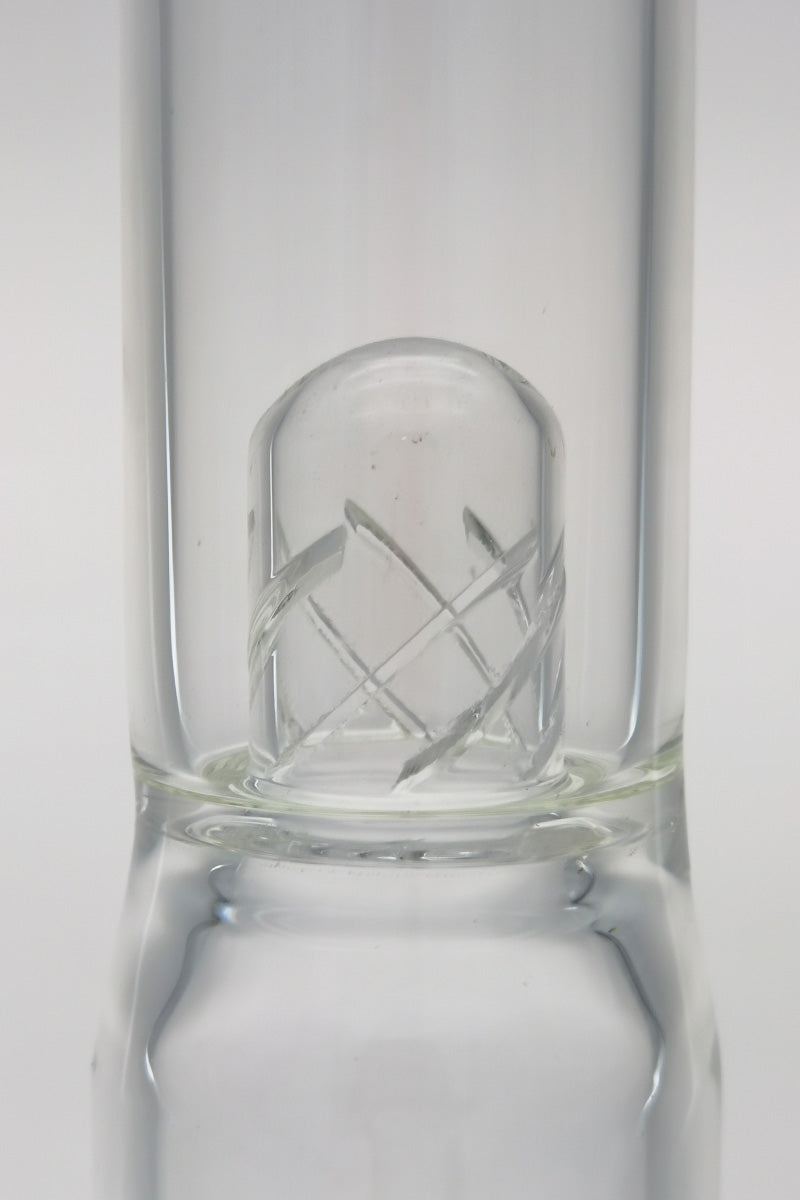 Close-up of TAG 16" bong with inline percolator and helical dome splash guard, 4mm thick glass