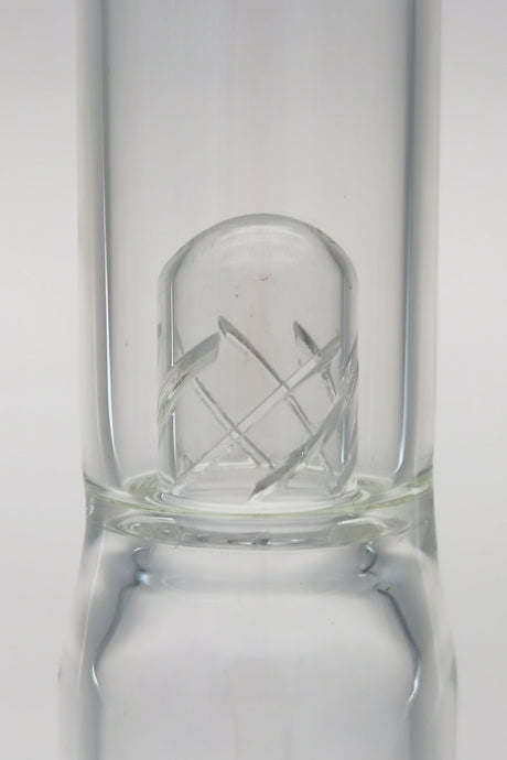Close-up of TAG 16" bong with inline percolator and helical dome splash guard, 4mm thick glass