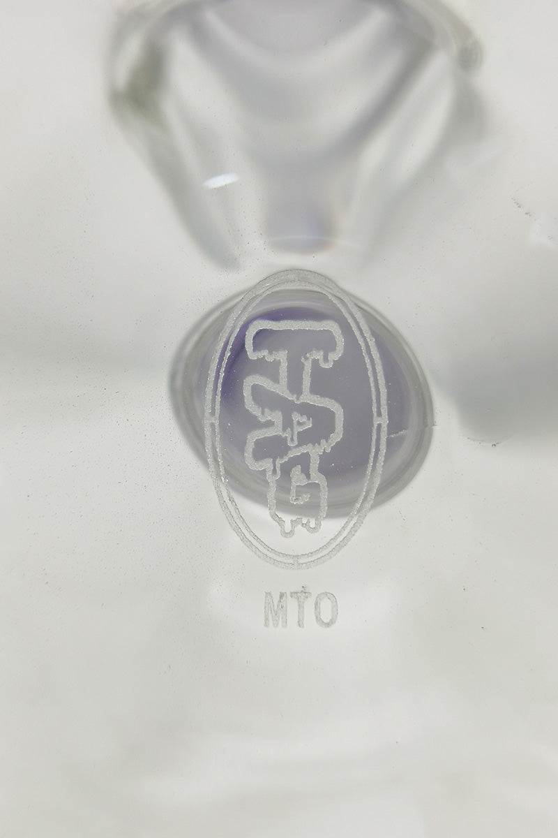 Close-up of TAG logo on 17" Beaker Bong with 16-Arm Tree Percolator by Thick Ass Glass