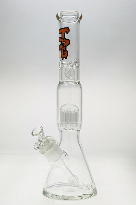 TAG 17" Beaker Bong with 16-Arm Tree Percolator, 50x7MM, Clear with Wavy Orange Logo