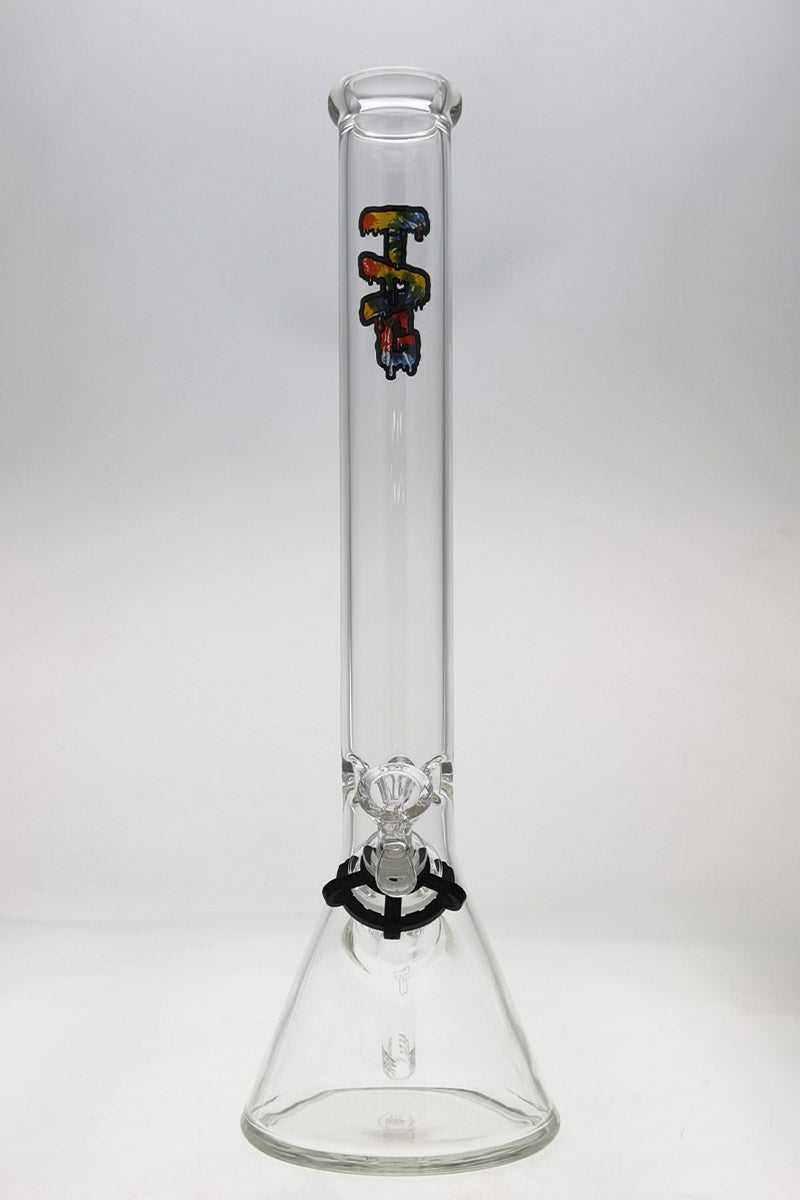 TAG 18" Beaker Bong 50x5MM with Tie Dye Logo, 18/14MM Downstem, Front View on White