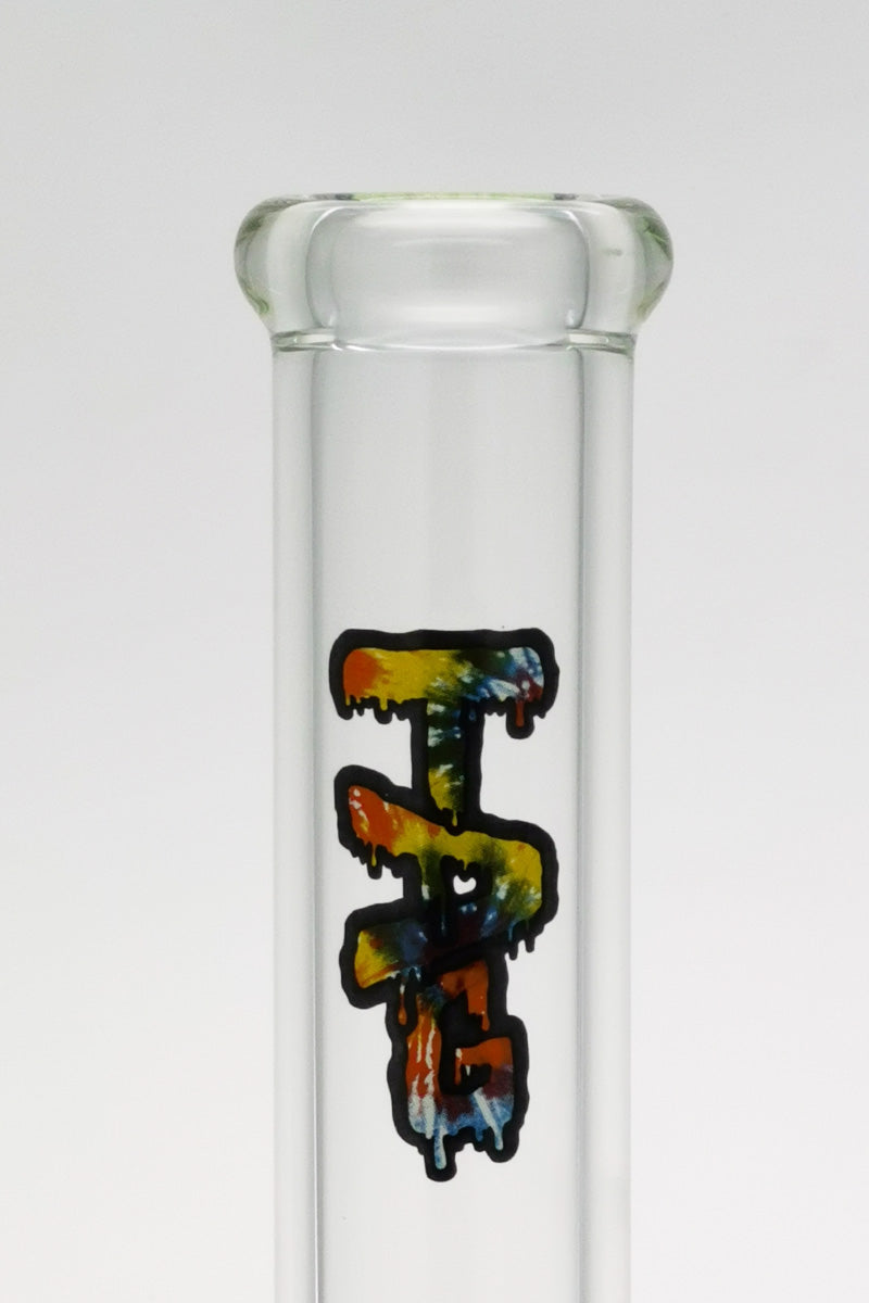 Close-up of TAG 18" Beaker Bong in 7mm glass with Rasta color decal on clear tube