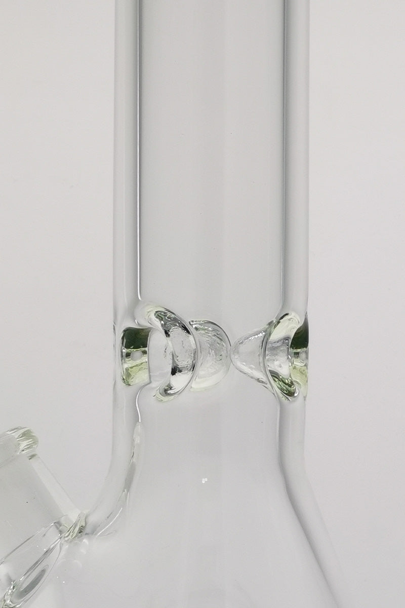 Close-up of TAG 18" Beaker Bong with Rasta colors, 50x7MM glass, and 18/14MM downstem